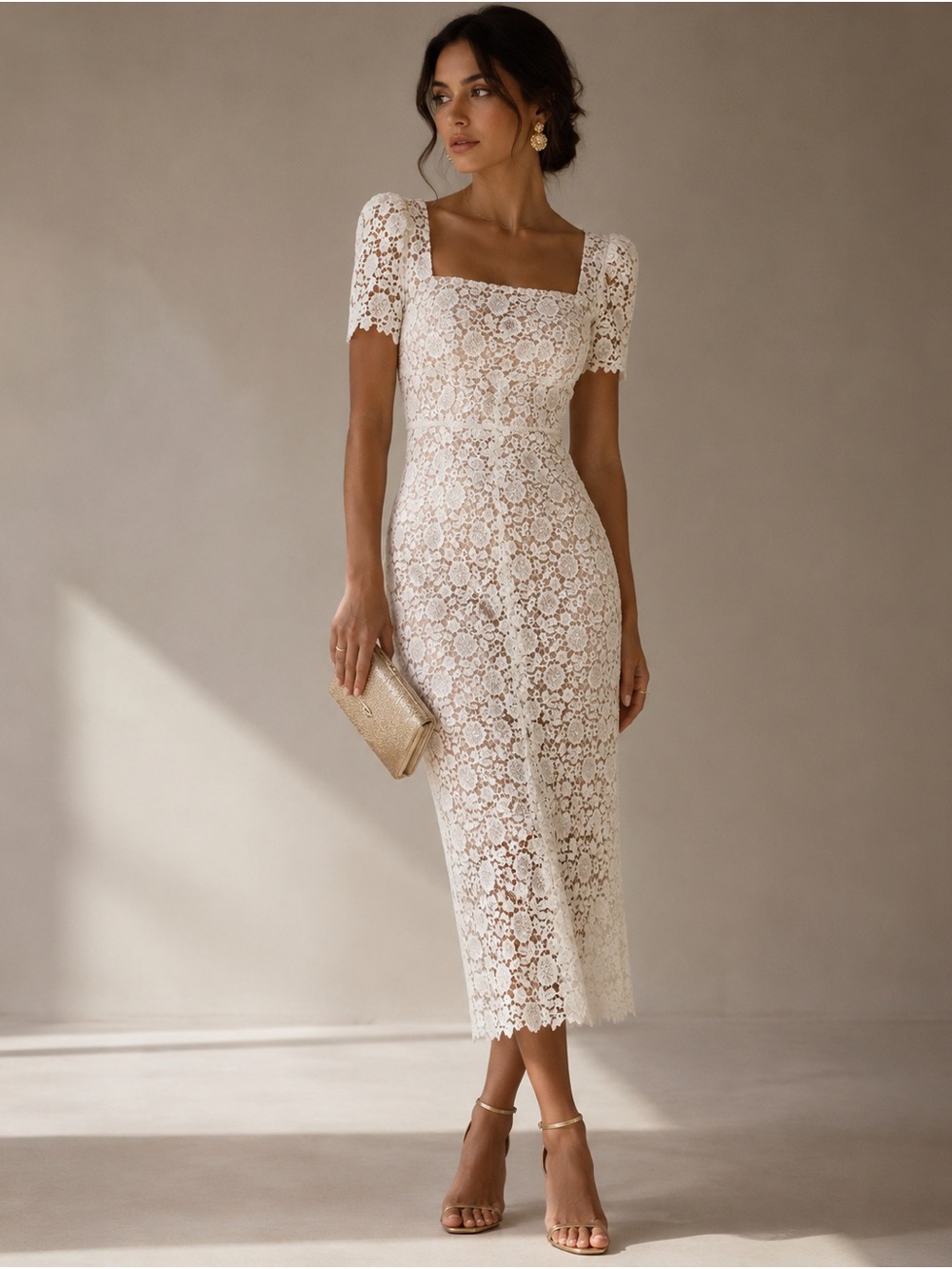 Self-Portrait Ivory Floral Lace Square-Neck Midi Dress